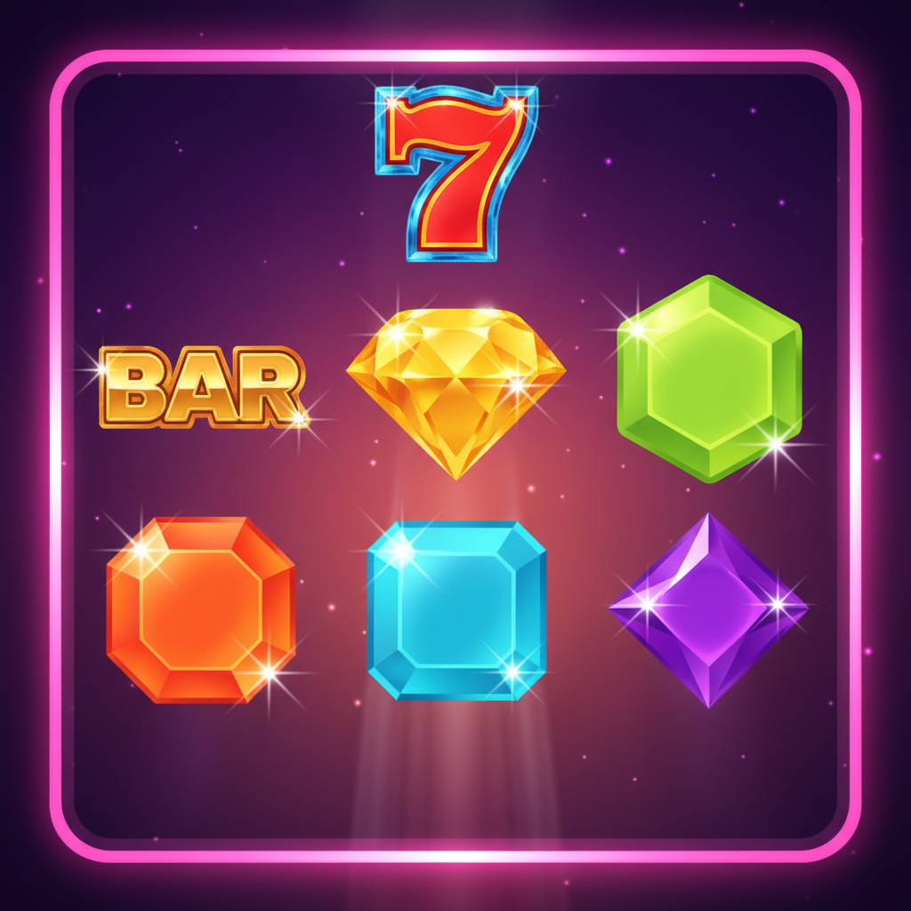 Alla Starburst symboler: BAR, Lucky Seven, gul diamant, grön kub, orange hexagon, blå kub och lila diamant